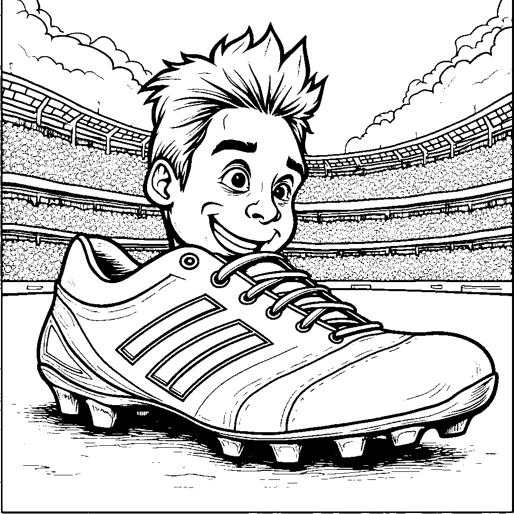 A cheeky Messi hiding behind a giant soccer cleat