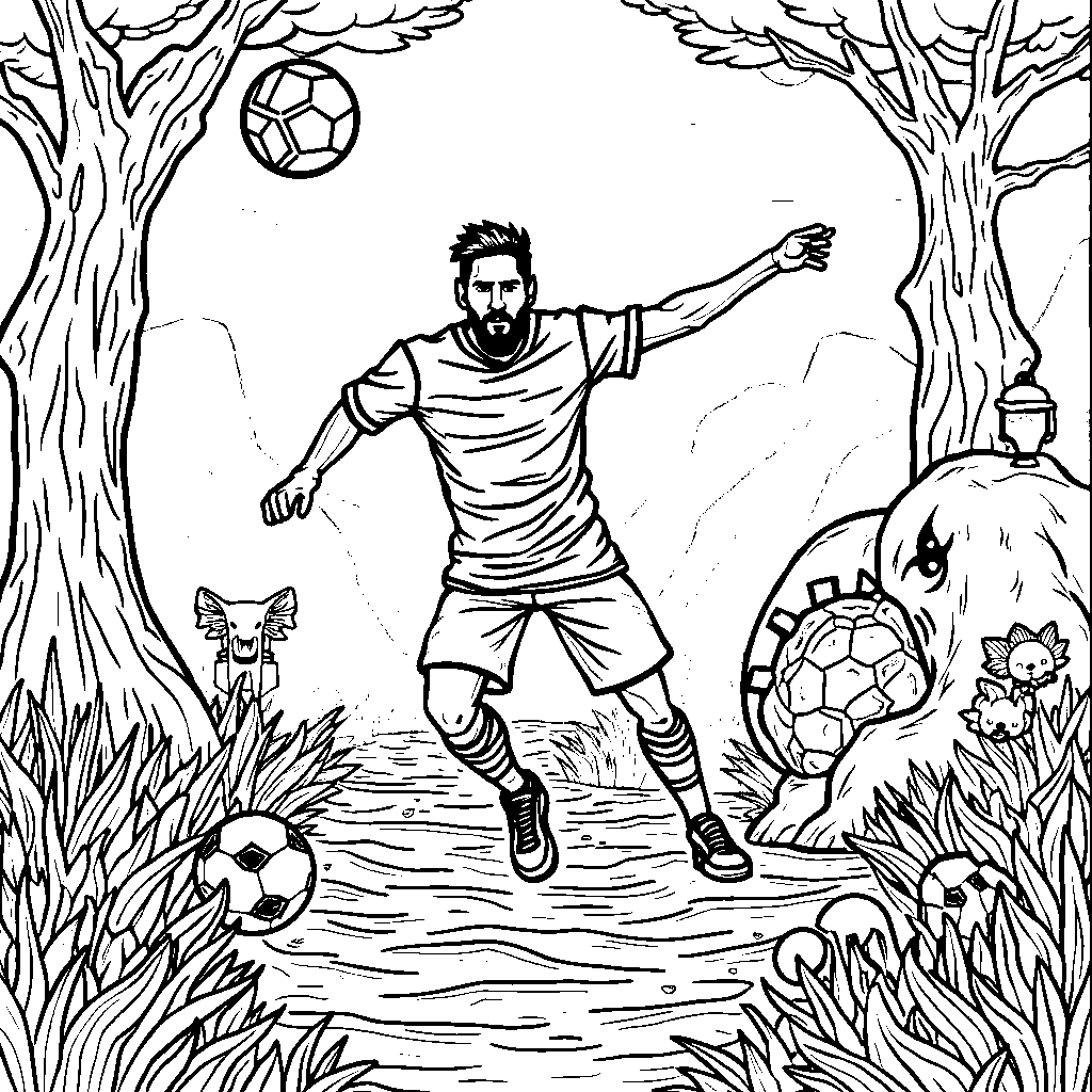 A colorful fairytale setting where Messi is the hero rescuing a lost trophy