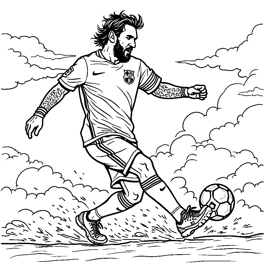 A dreamy Messi kicking a ball made of clouds