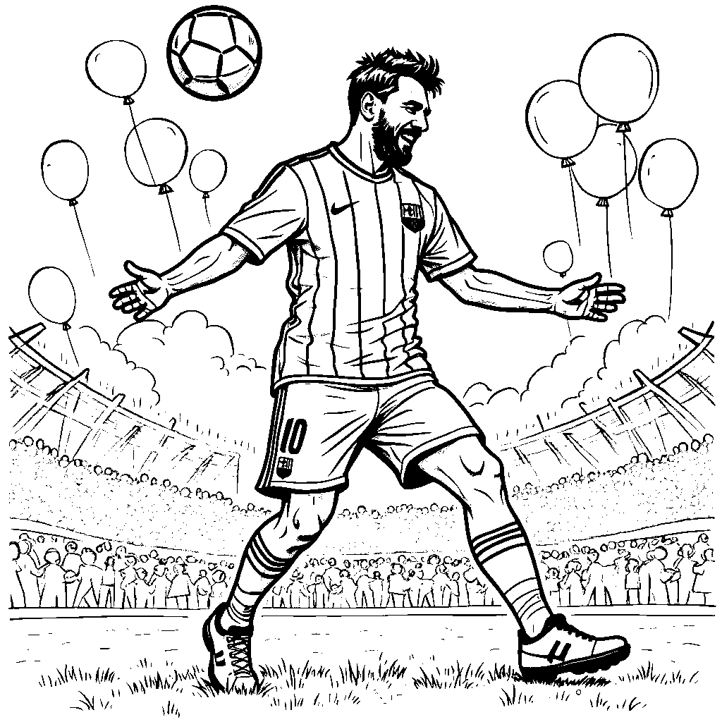 A festival scene with Messi juggling soccer balls surrounded by balloons