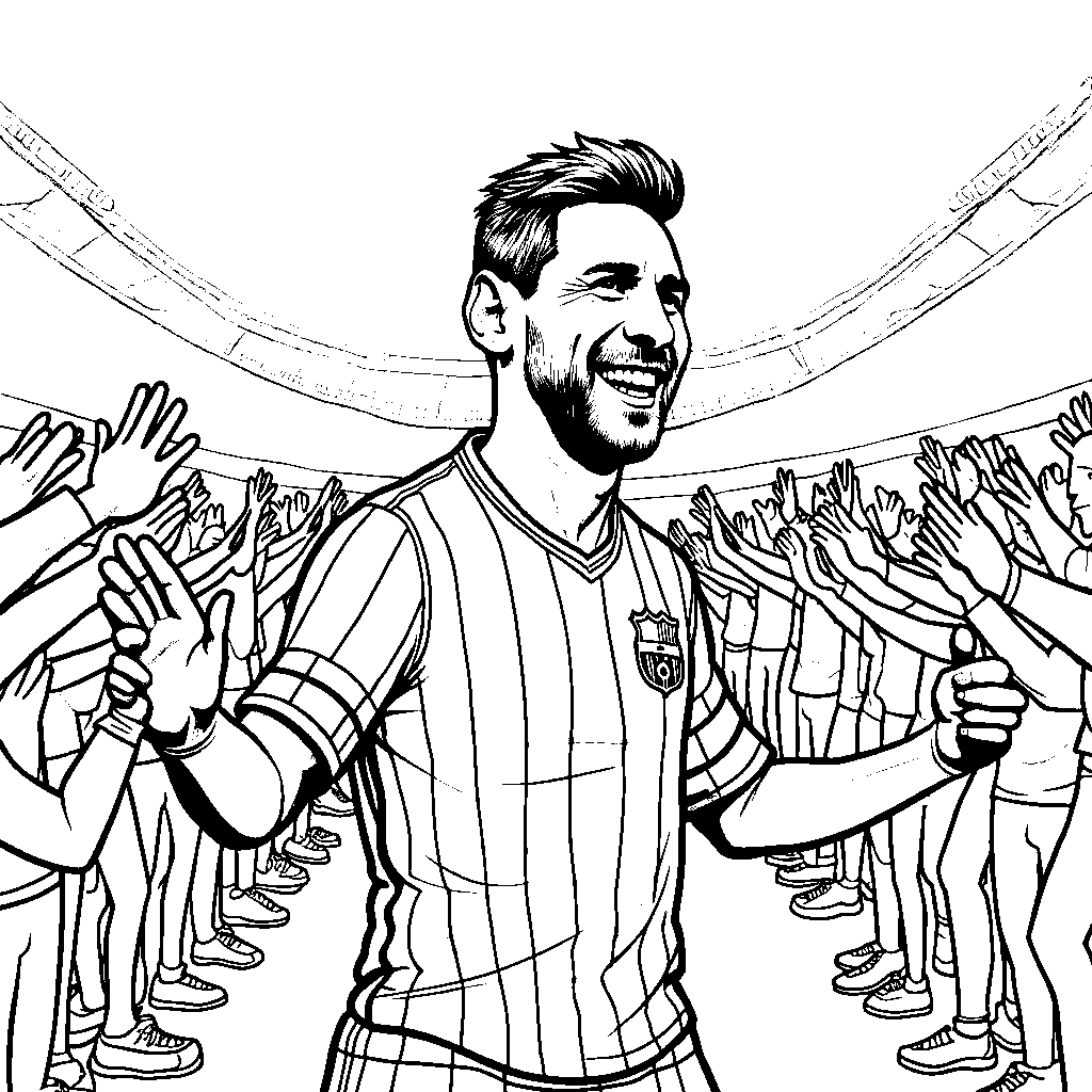 A friendly cartoon Messi giving high-fives to fans