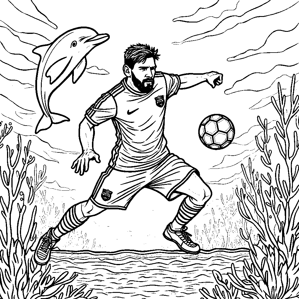 A mesmerizing underwater soccer game featuring Messi and dolphins