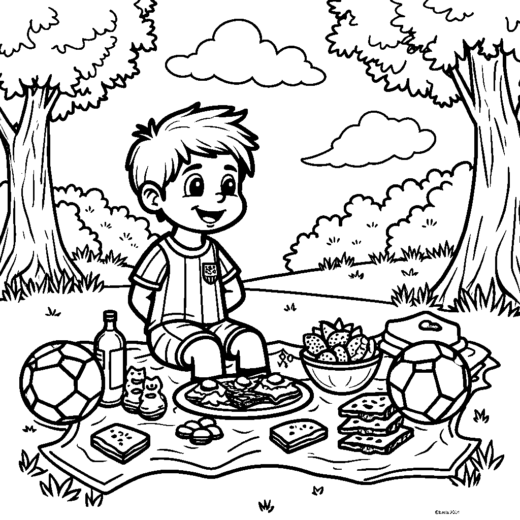 A playful Messi having a picnic with soccer balls and snacks