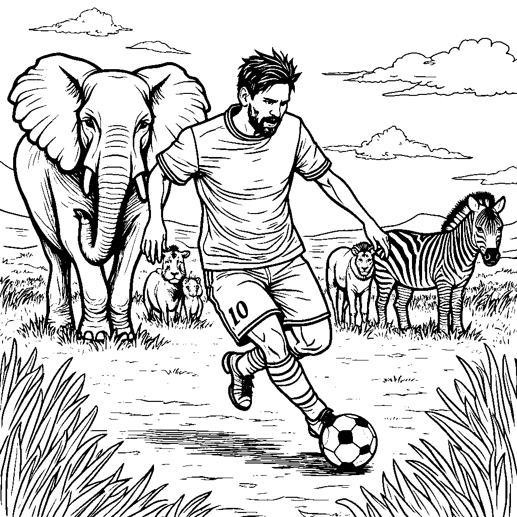 A safari scene where Messi is dribbling past wild animals.