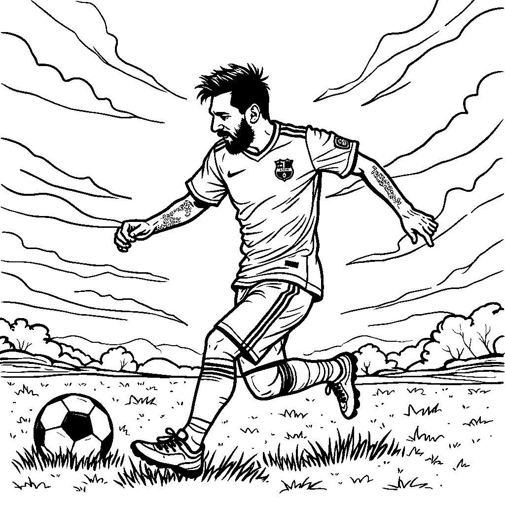 A silhouette of Messi kicking a ball against a dramatic sunset