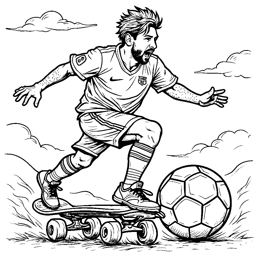 A whimsical Messi riding a soccer ball like a skateboard