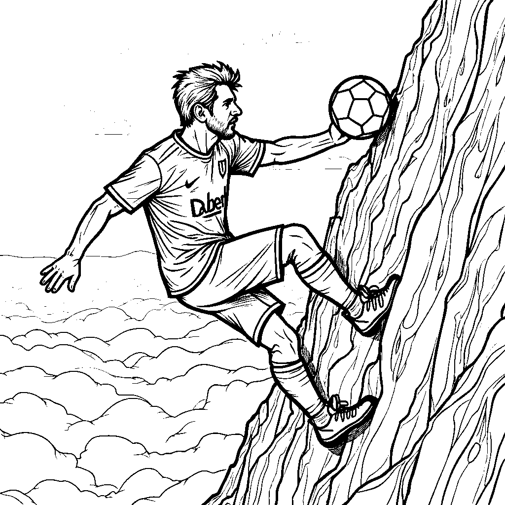 An adventurous Messi climbing a mountain with a soccer ball