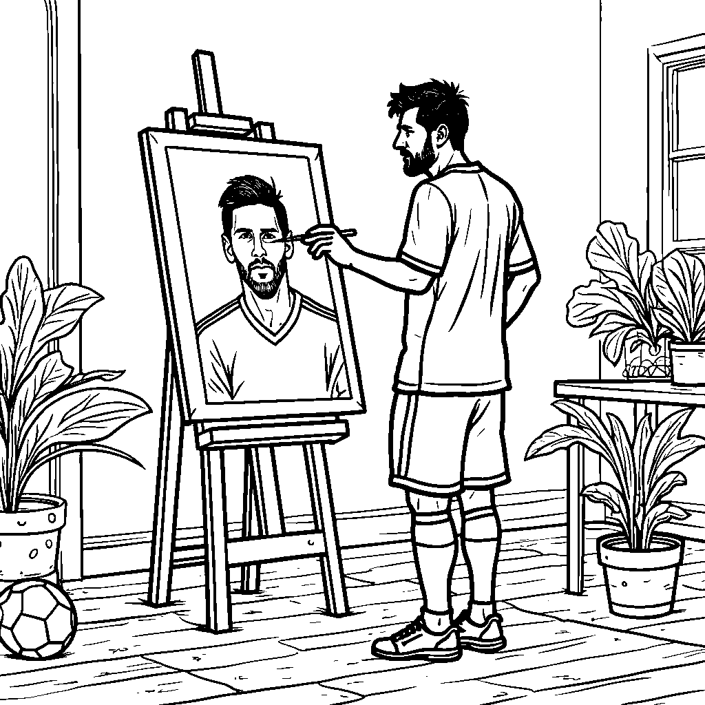 An art studio where Messi is painting a self-portrait with a soccer theme.