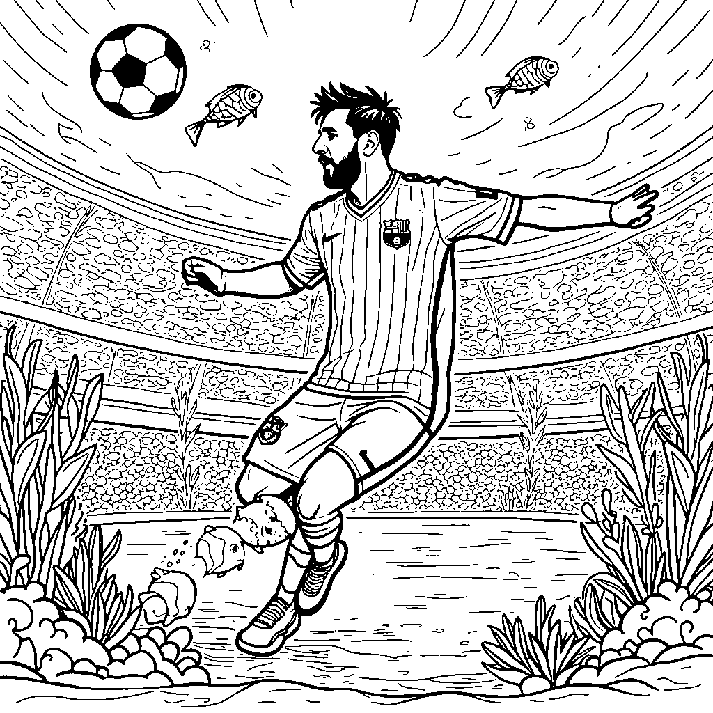 An underwater scene with Messi playing soccer with fish