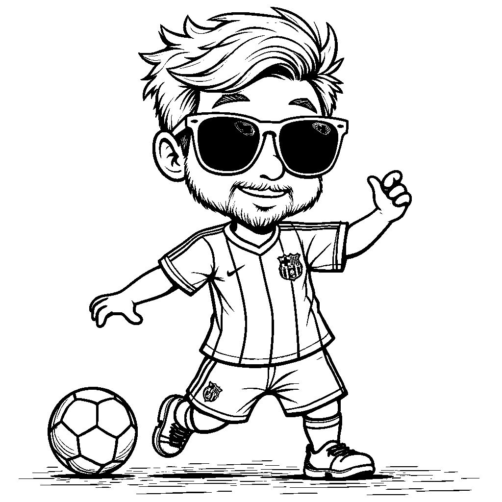 Cartoon Messi with a soccer ball wearing funky sunglasses