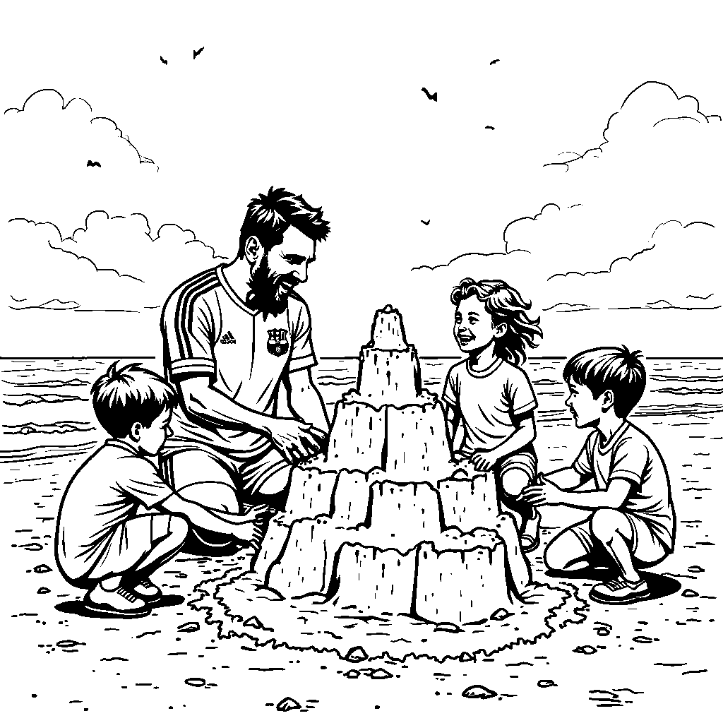 Messi and children building a sandcastle shaped like a soccer field