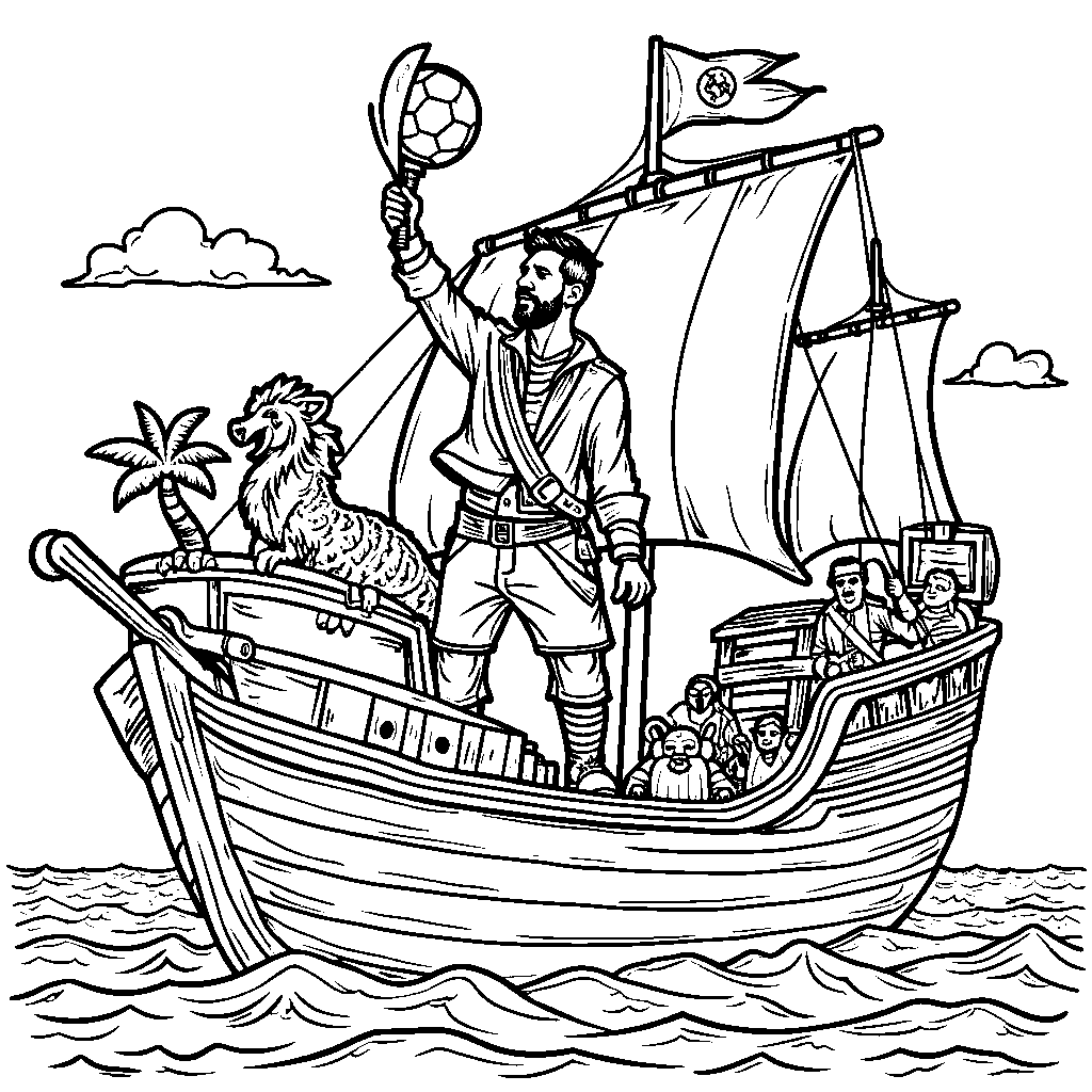 Messi as a pirate sailing in a soccer ship on the ocean