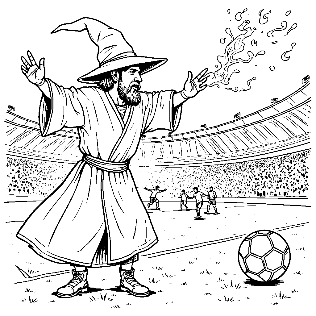 Messi as a wizard casting a spell over a soccer game