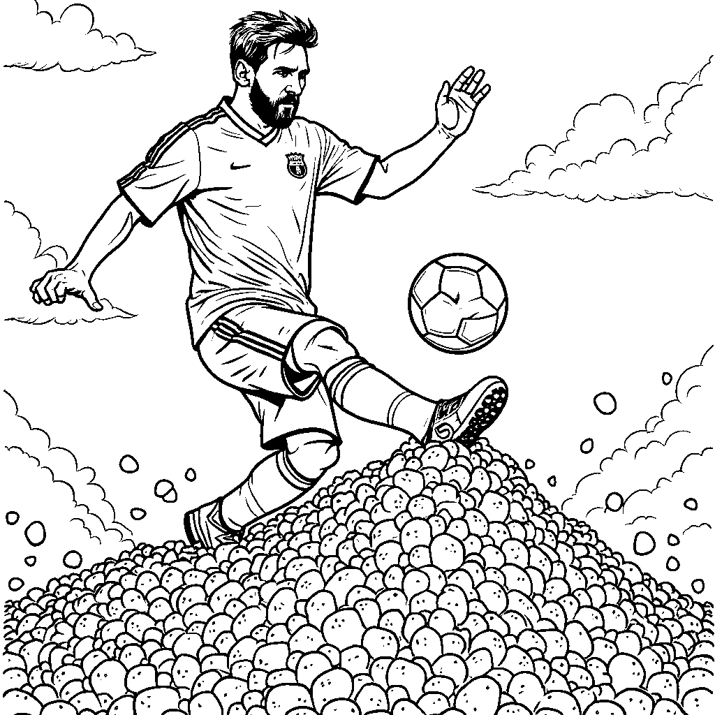 Messi atop a mountain of jellybeans kicking a giant candy soccer ball