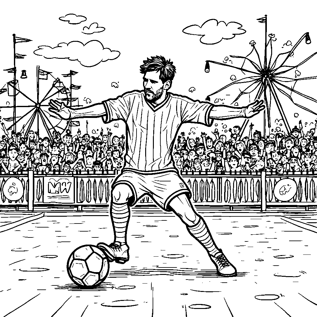 Messi dressed as a cartoon character in a fun amusement park, playing soccer