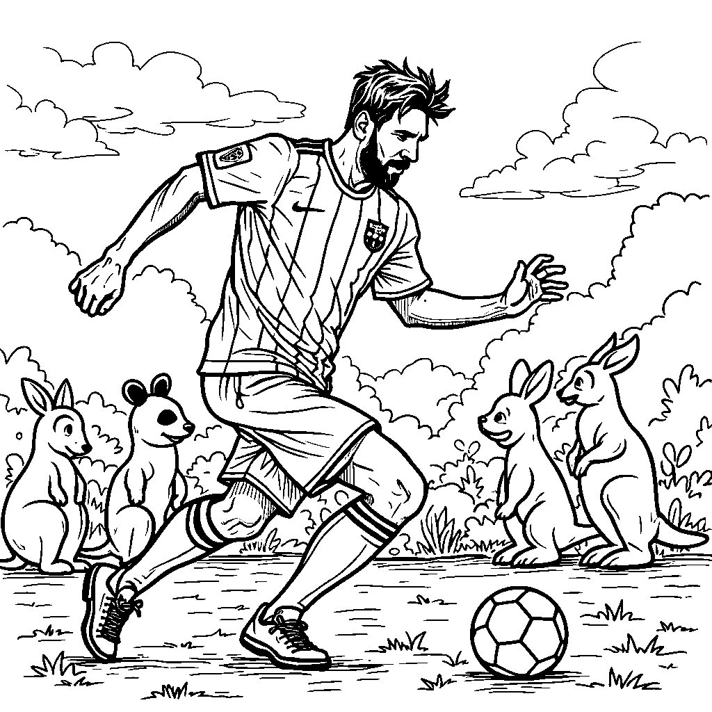 Messi dribbling through a line of playful animals