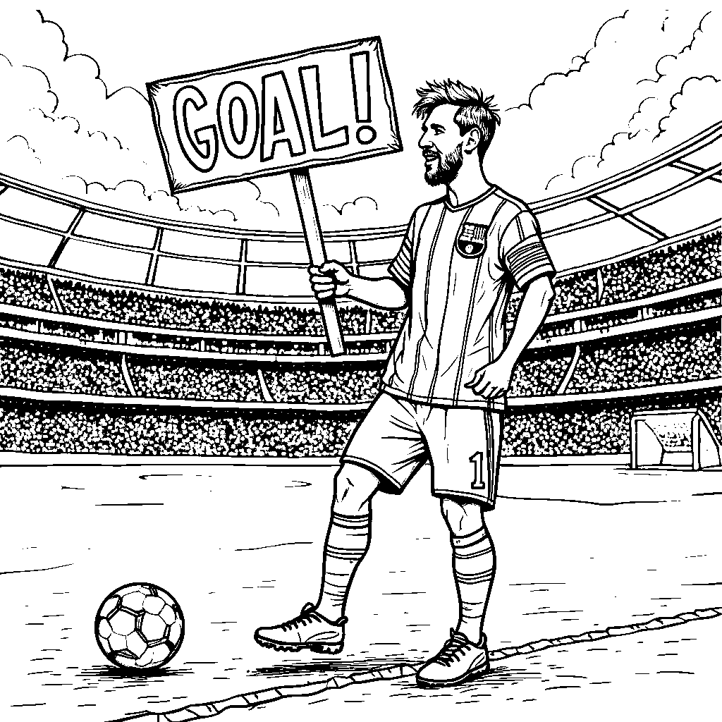 Messi holding a sign saying 'Goal!' while standing at a soccer field