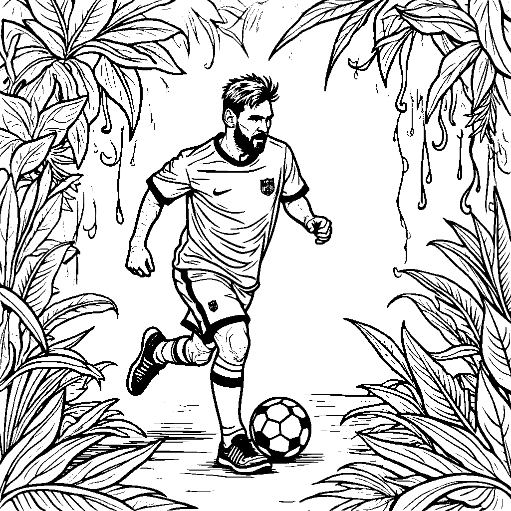 Messi in a jungle swinging from vines while dribbling a soccer ball