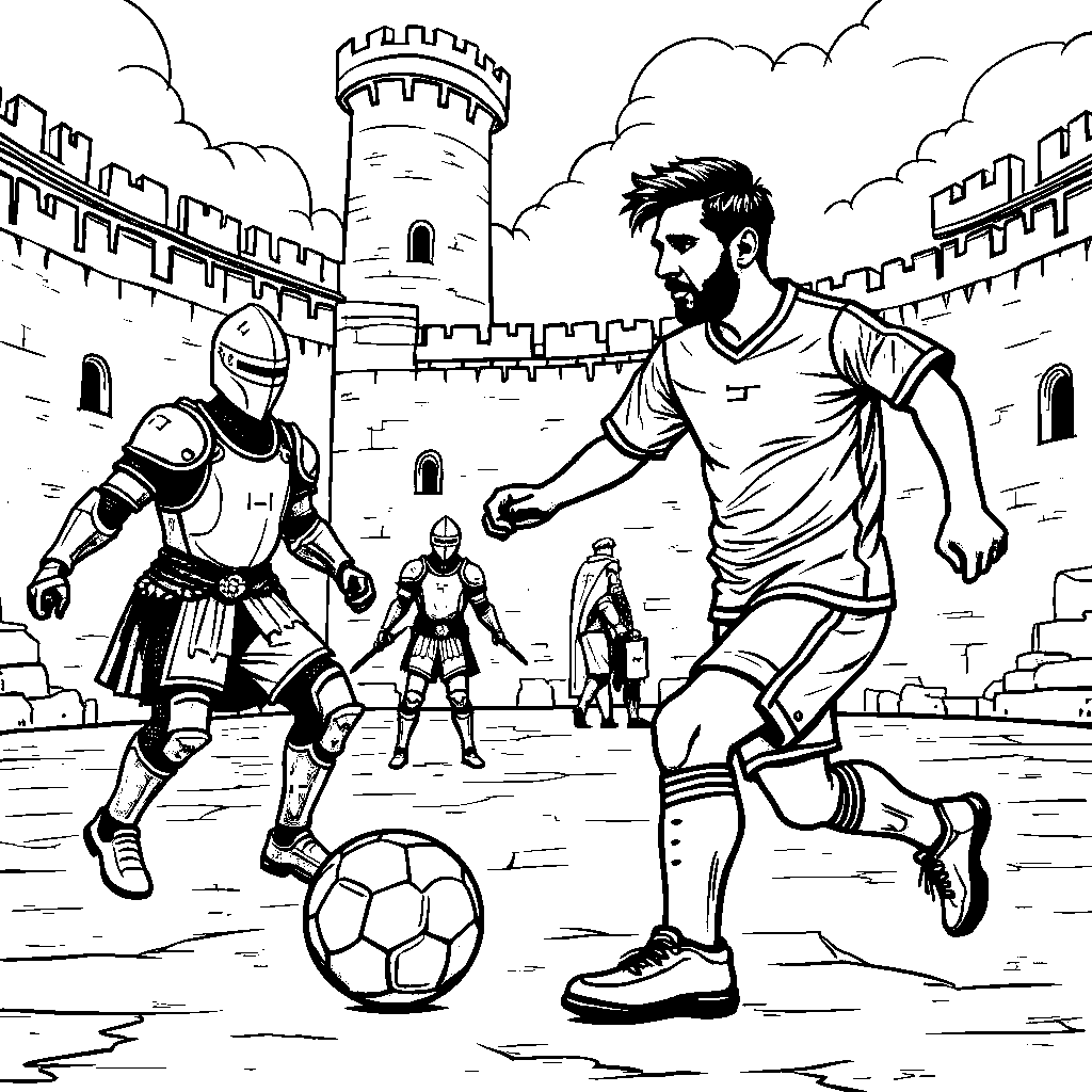 Messi in a medieval castle playing soccer with knights