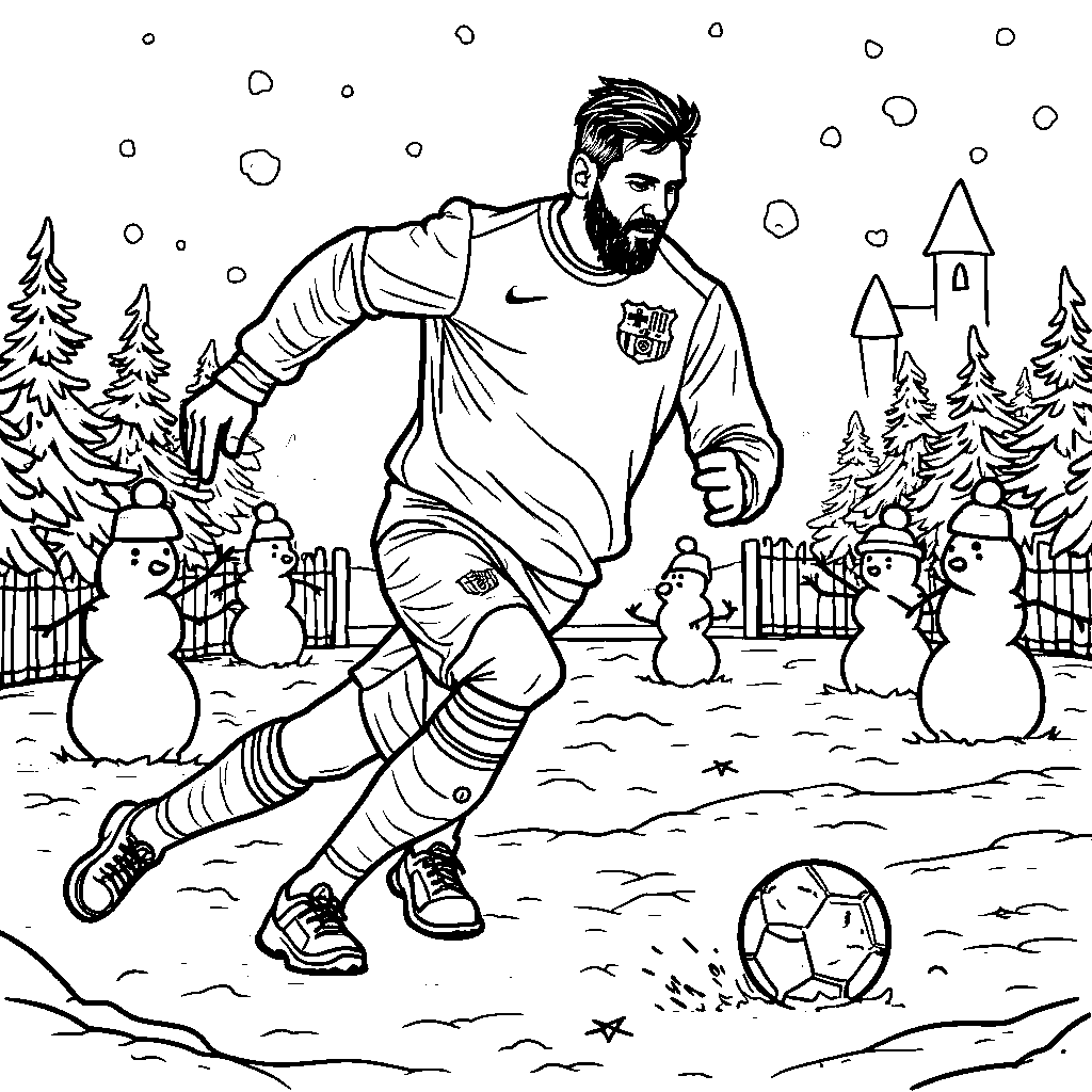 Messi in a winter wonderland playing soccer with snowman friends