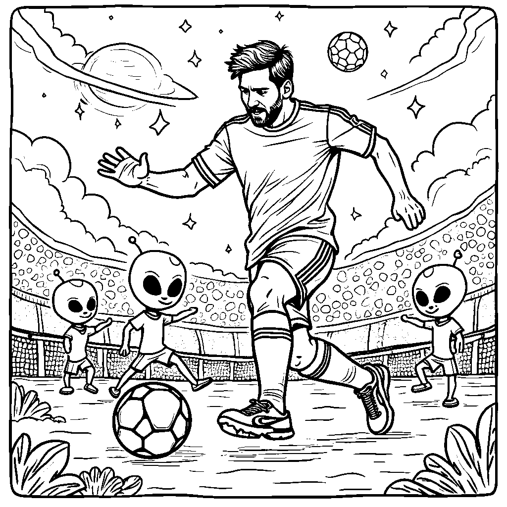 Messi interacting with alien characters on a distant planet with cosmic soccer