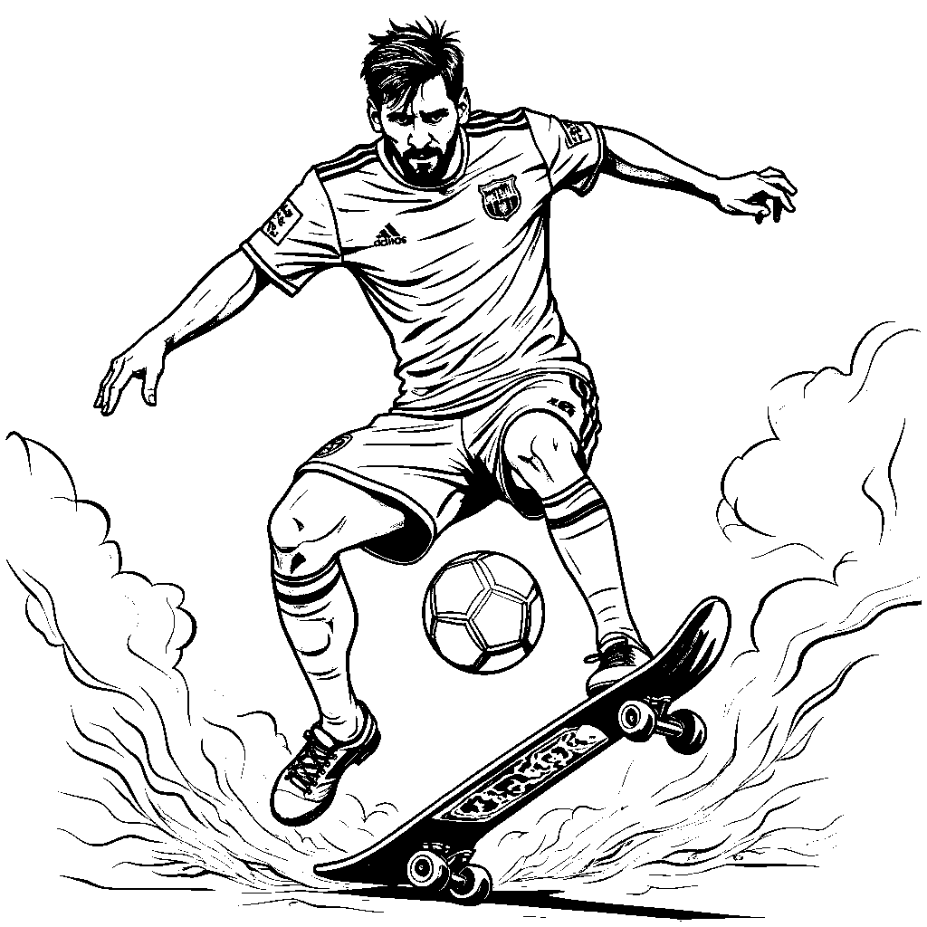 Messi on a skateboard performing tricks with a soccer ball