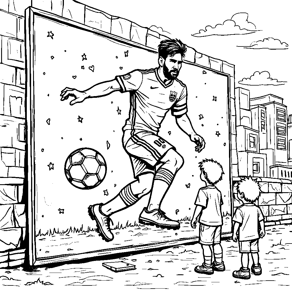 Messi painting a giant soccer mural on a city wall