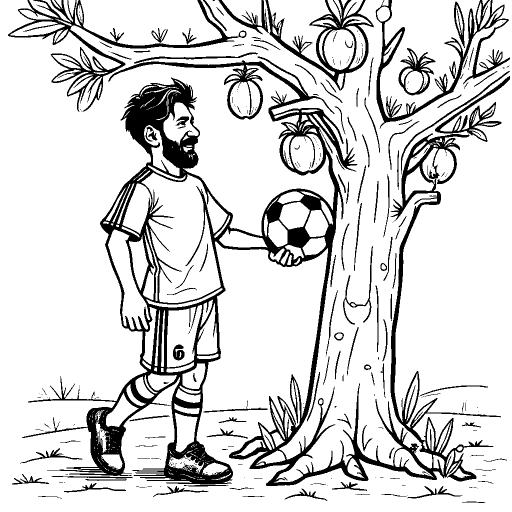 Messi planting a tree with soccer balls hanging like fruits