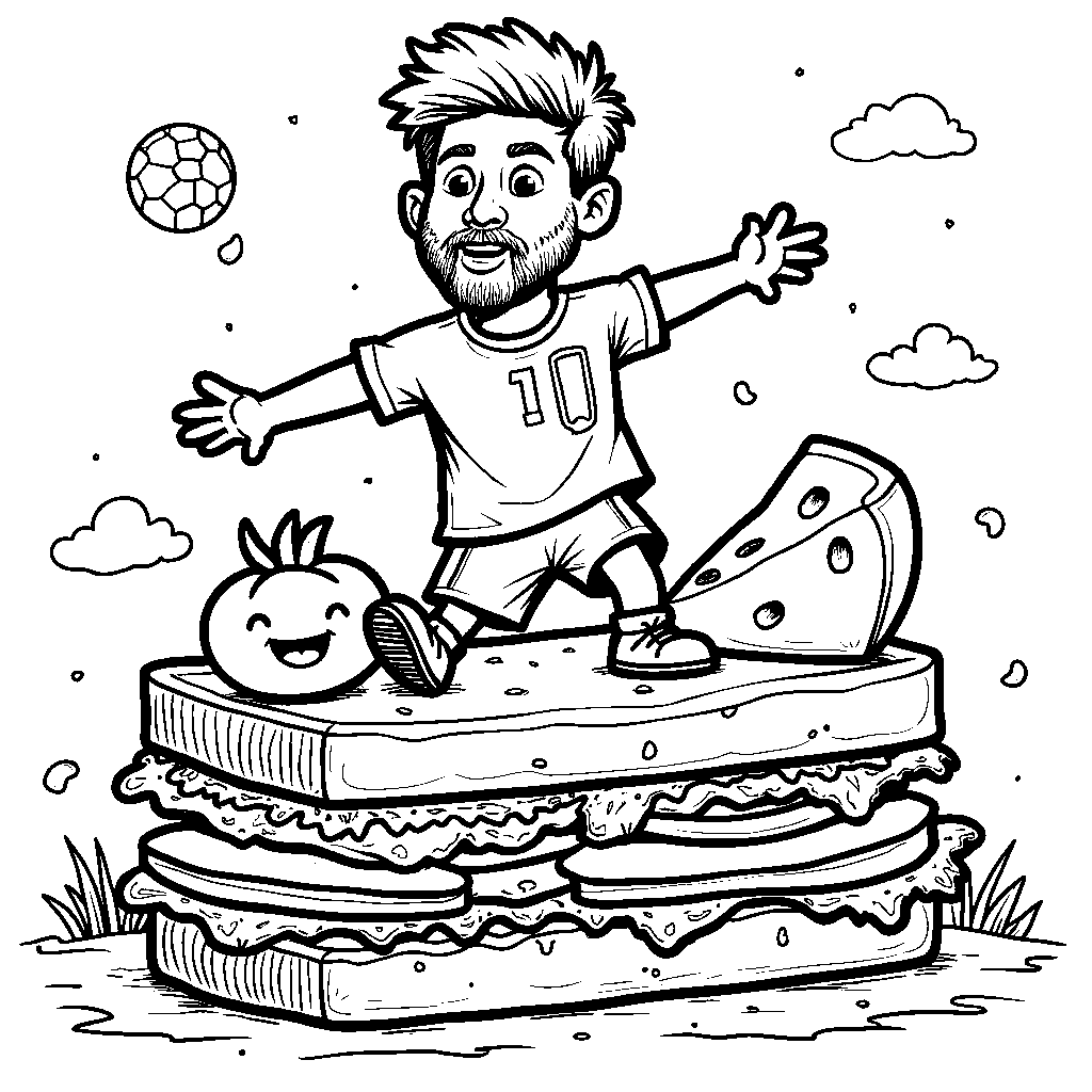 Messi playing soccer on a giant sandwich with smiling food characters