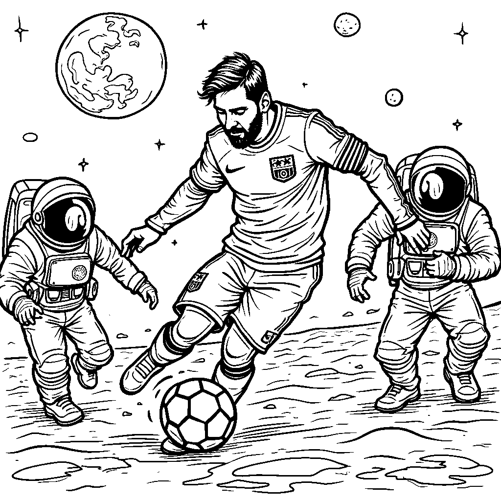 Messi playing soccer on the moon with astronauts cheering him on