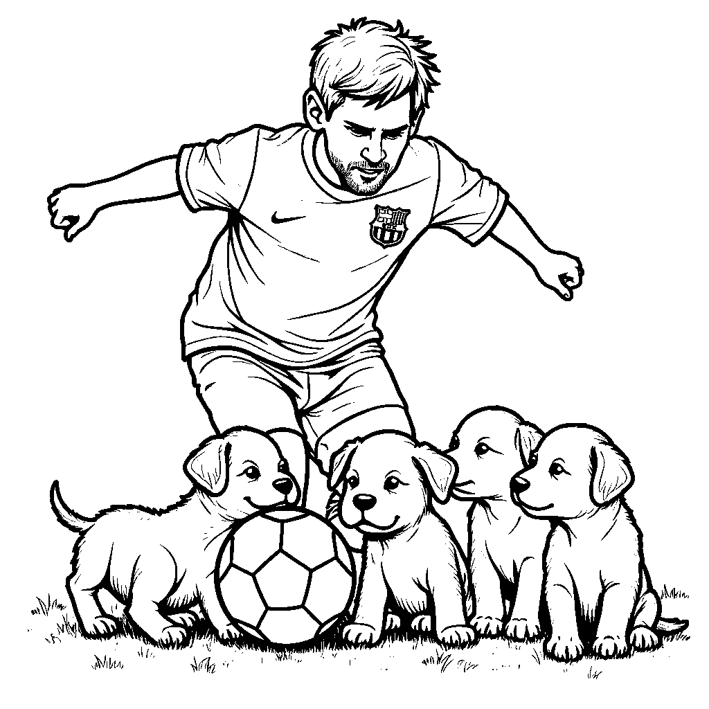 Messi playing with puppies, using a soccer ball as a toy