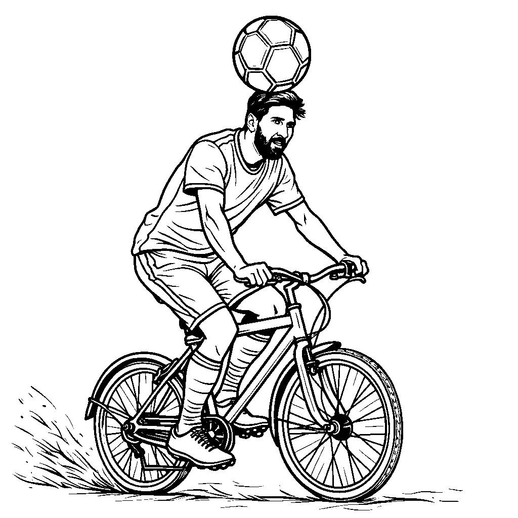 Messi riding a bicycle while balancing a soccer ball on his head.