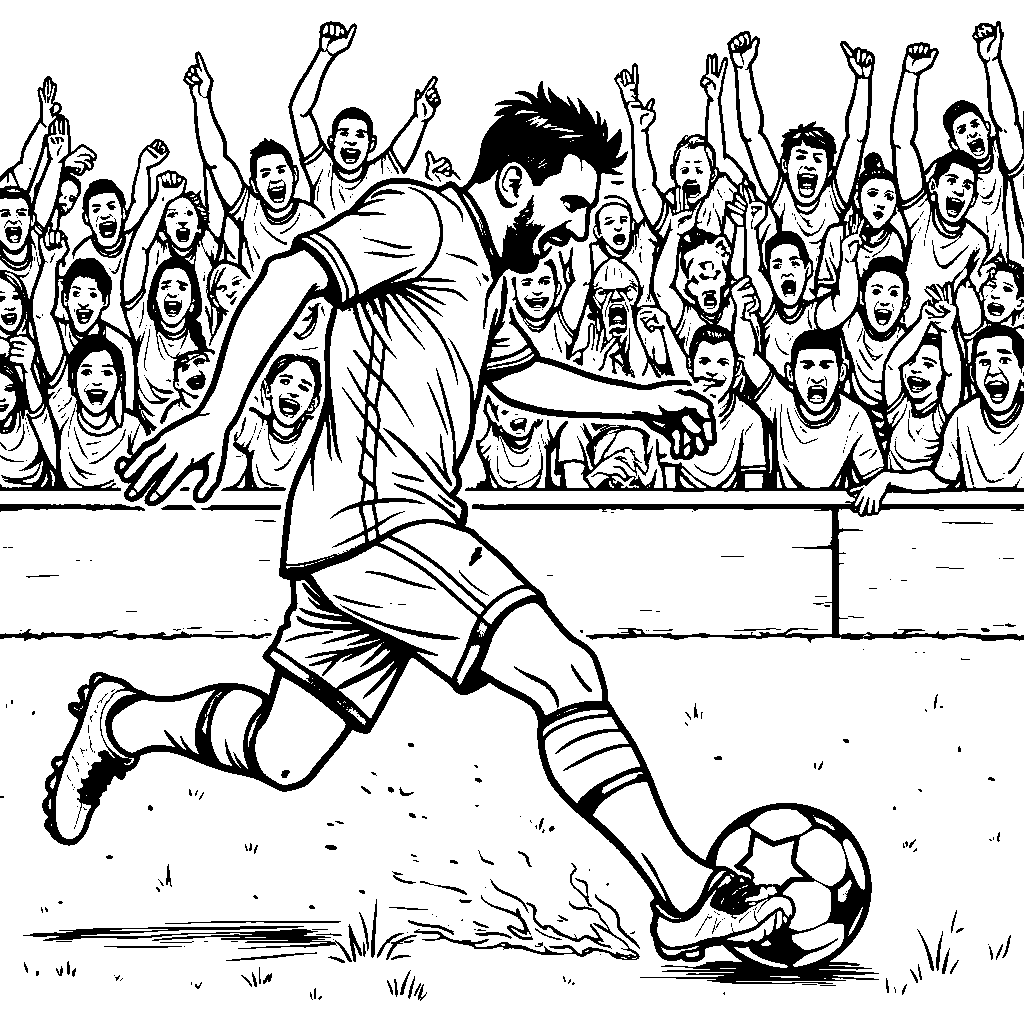 Messi shooting a penalty kick with excited fans in the background