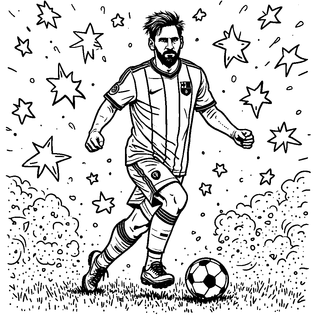 Messi surrounded by colorful stars and soccer balls