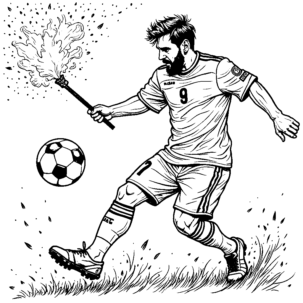 Messi using a magic wand to create soccer balls floating in the air