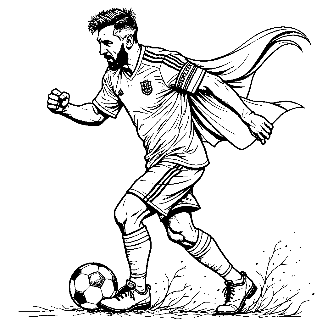 Messi with a soccer ball, dressed as a superhero.