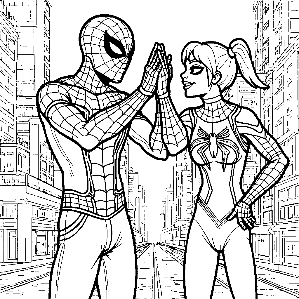 Miles Morales and Gwen Stacy high-fiving each other