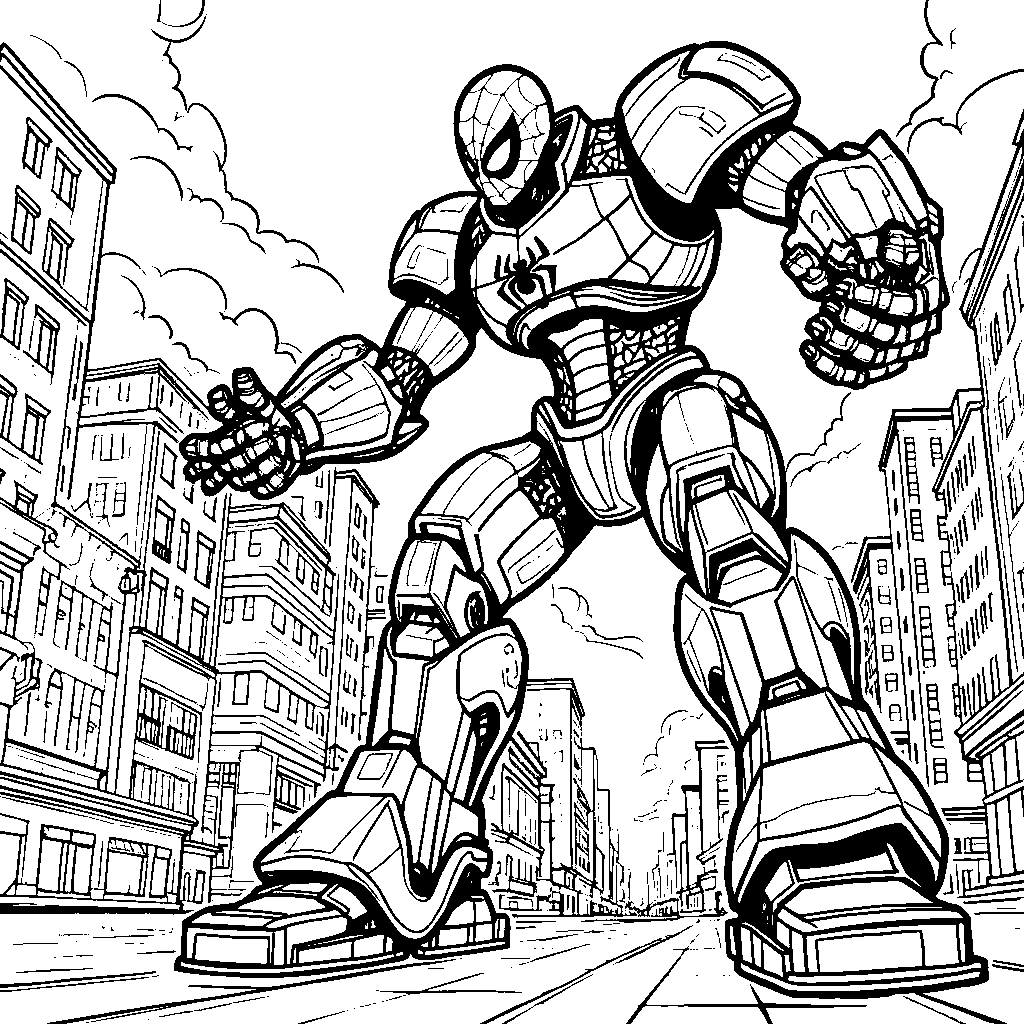 Miles Morales battling a giant robot in the city