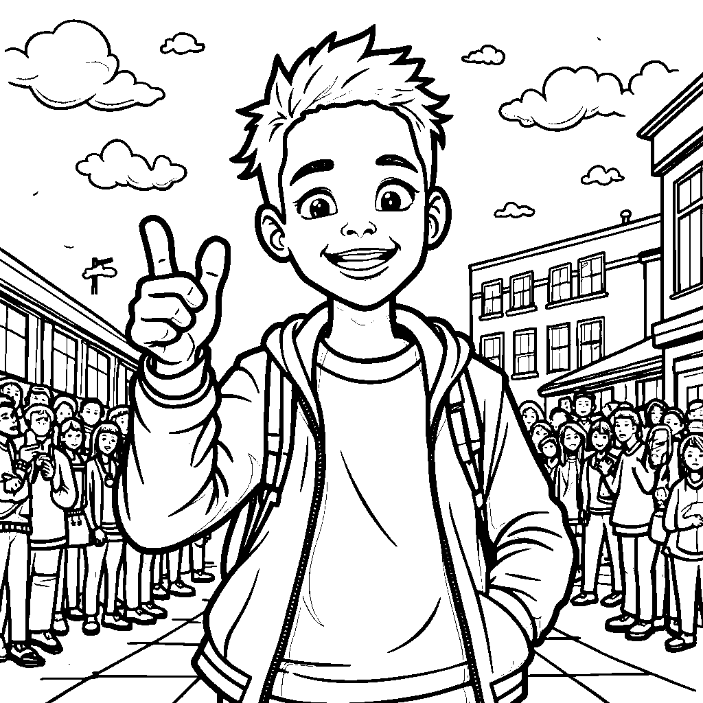 Miles Morales giving a thumbs up at a school event