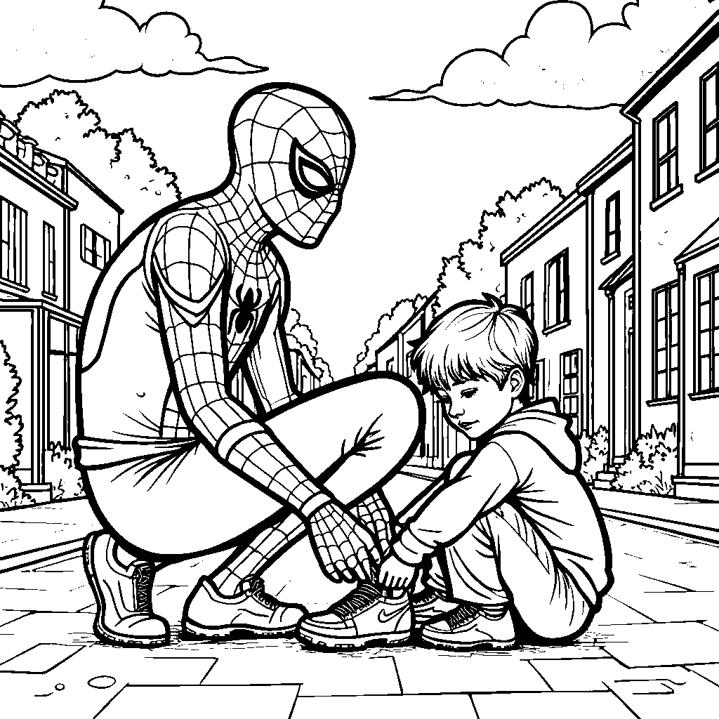 Miles Morales helping a child tie their shoes