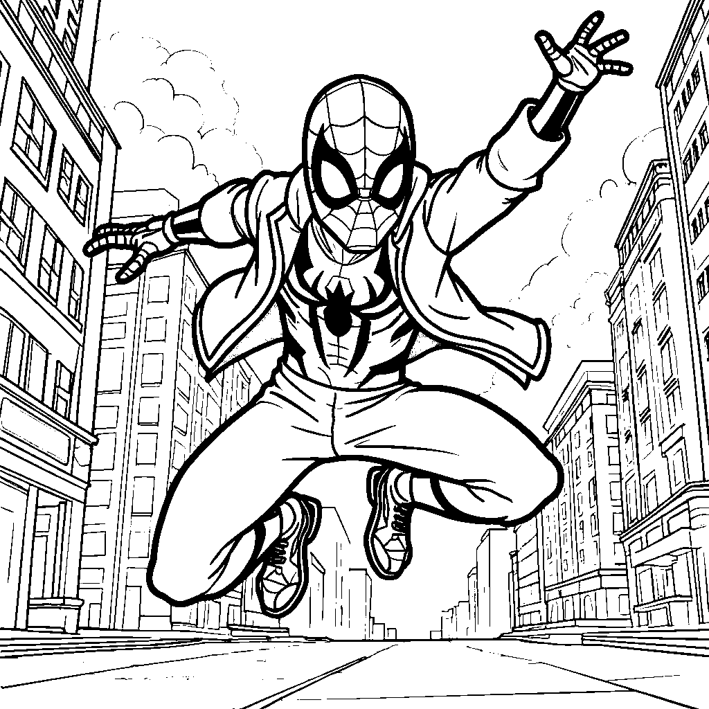 Miles Morales in a playful battle stance against a villain