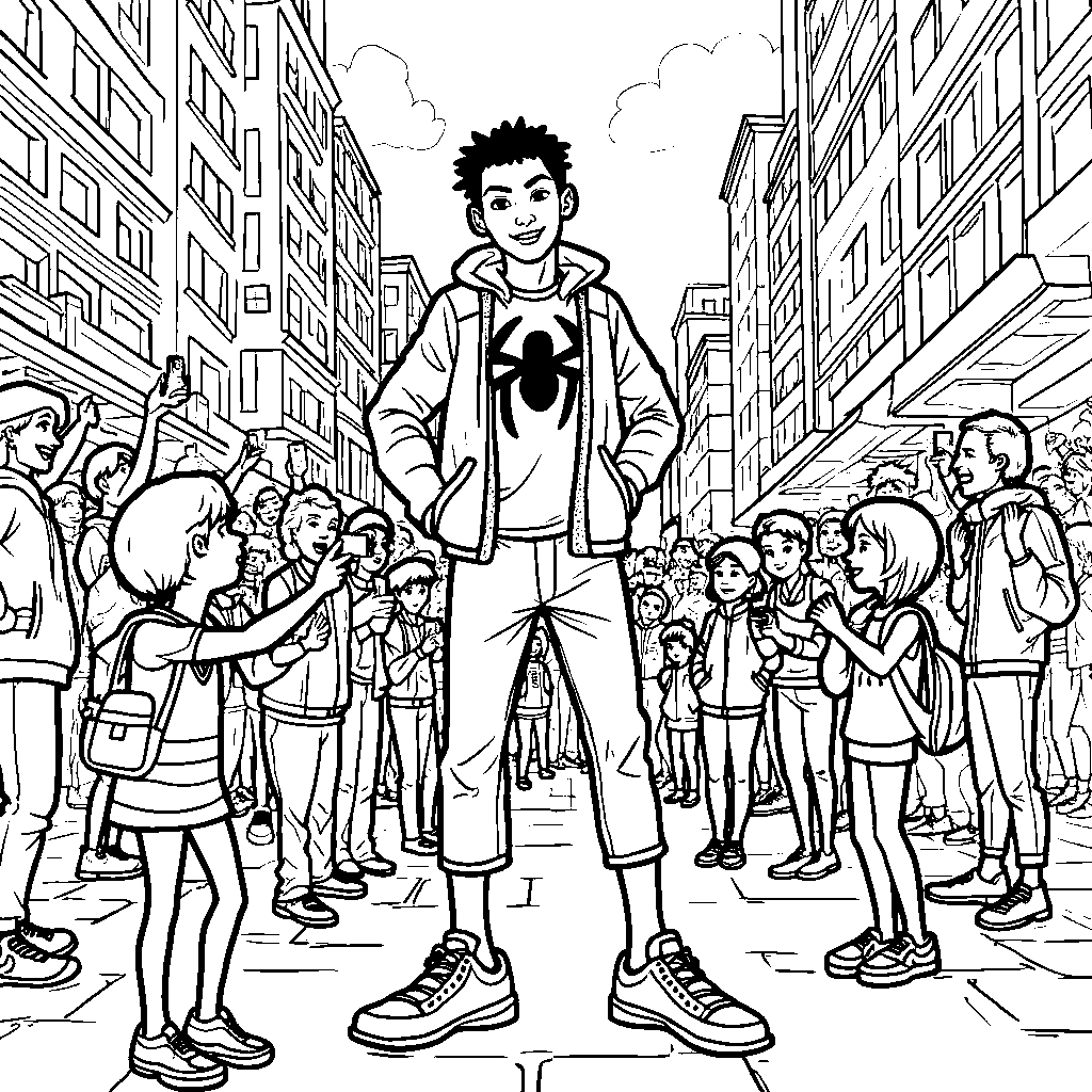 Miles Morales meeting his fans in a bustling city