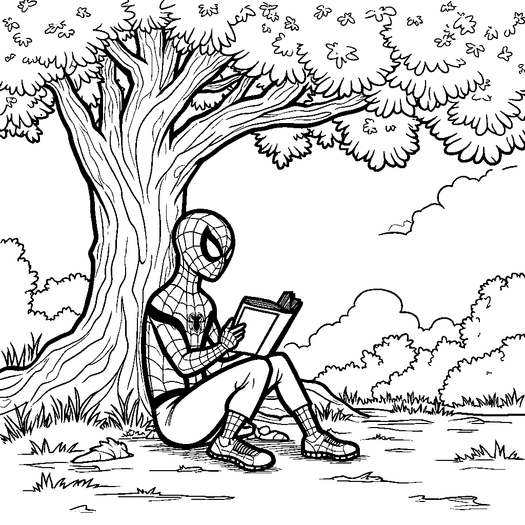 Miles Morales reading a book under a tree