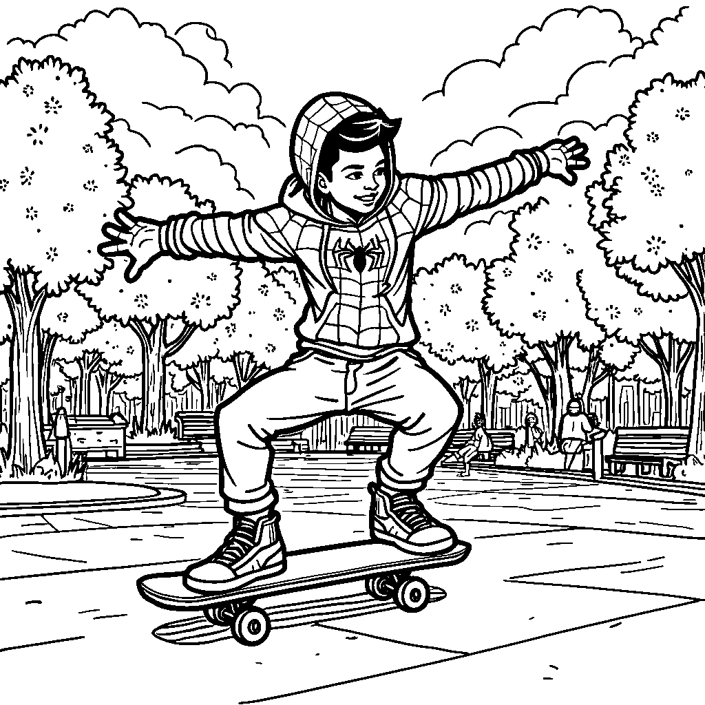 Miles Morales riding a skateboard through a park