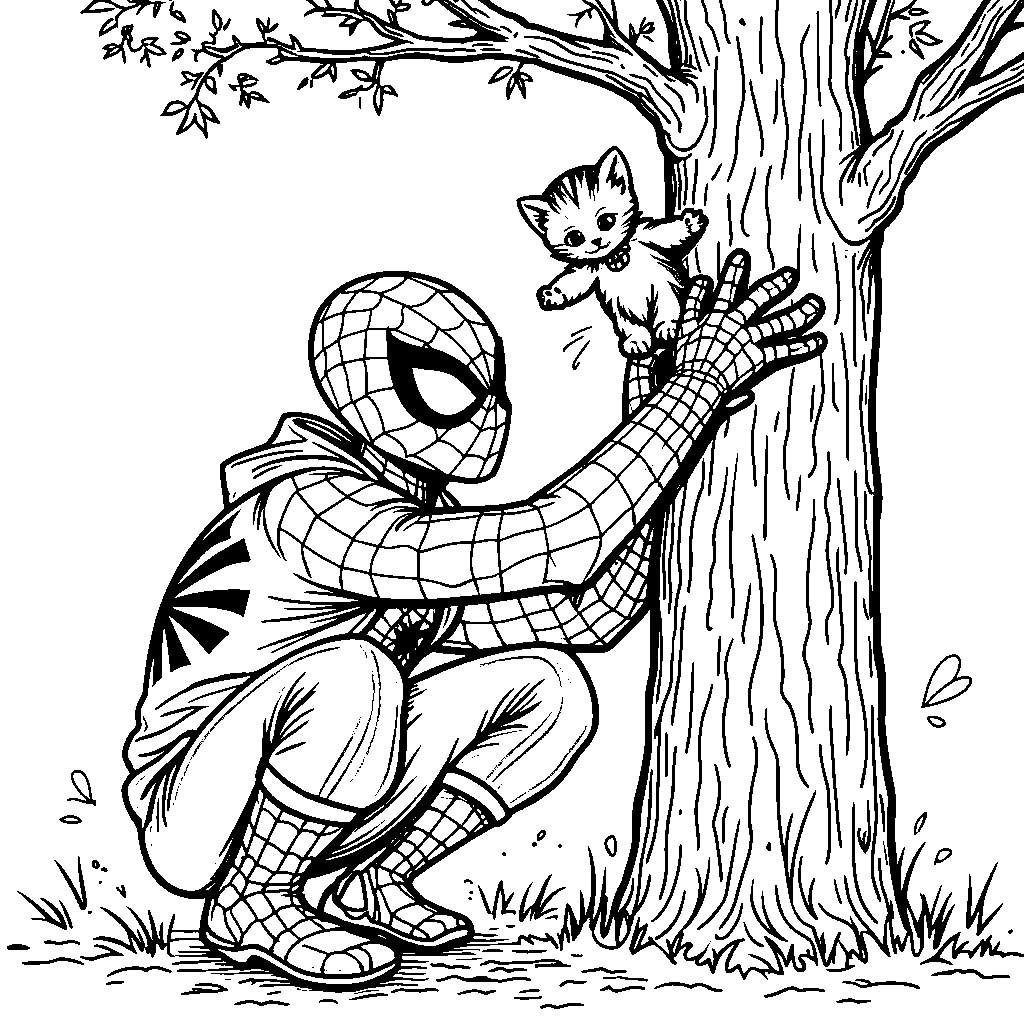 Miles Morales saving a kitten stuck in a tree