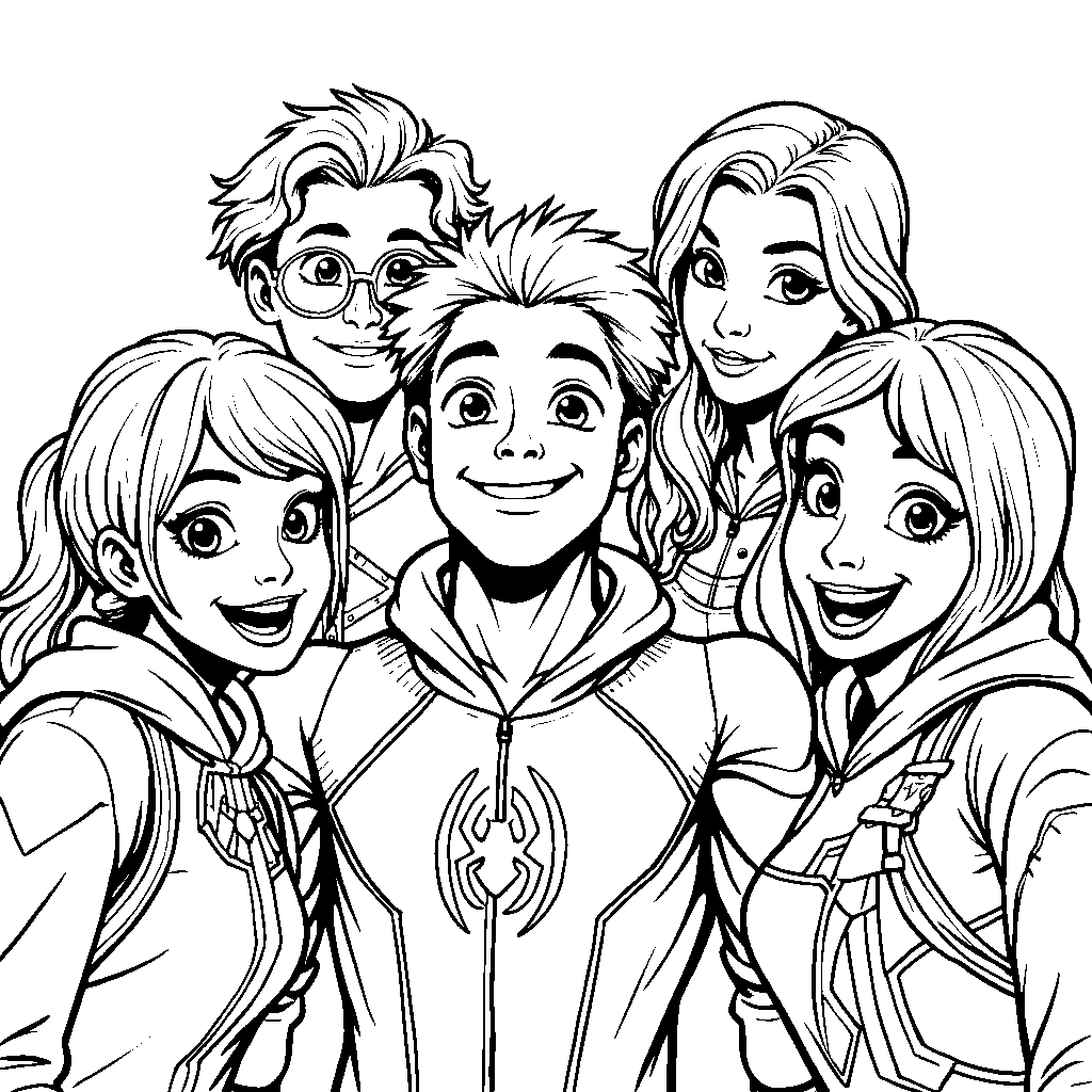 Miles Morales taking a selfie with his superhero friends