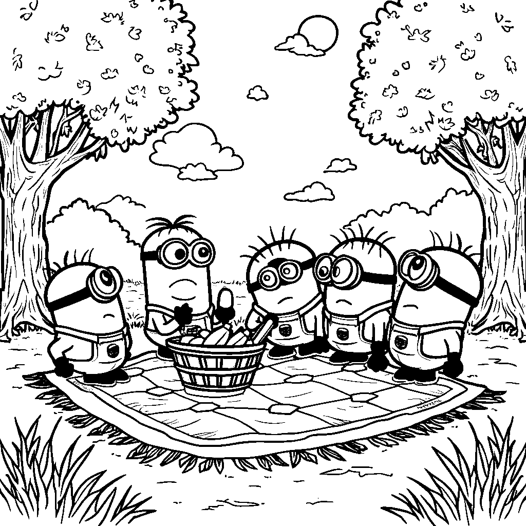 A group of minions having a picnic in a sunny park