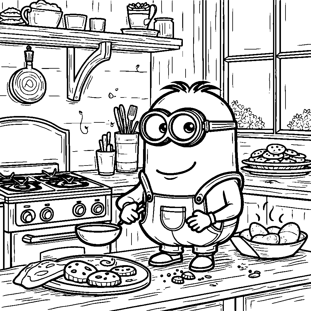 A minion baking cookies in a cozy kitchen