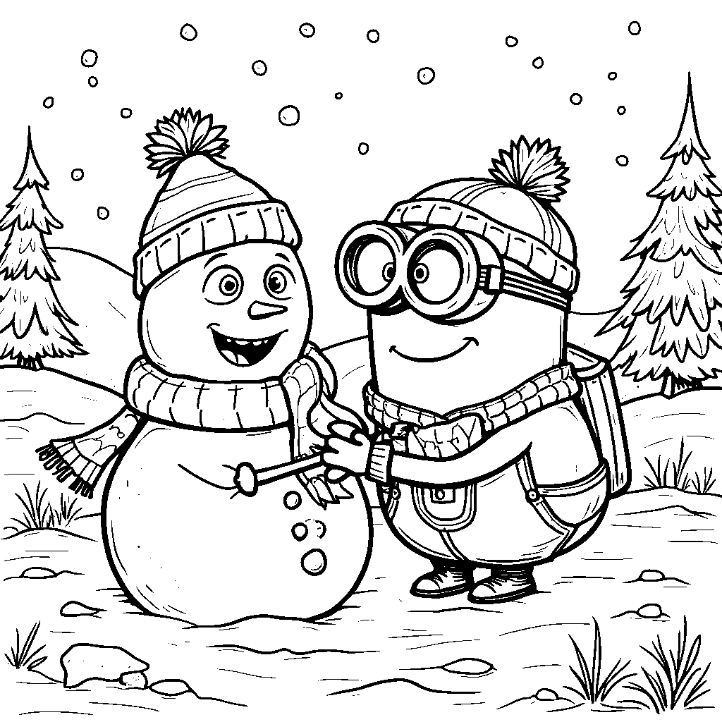 A minion building a snowman in a winter wonderland