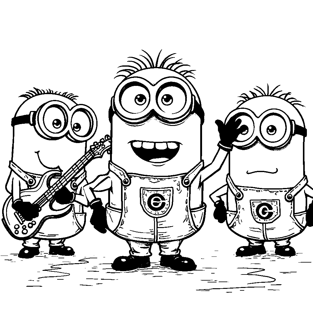 A minion conducting a rock band of other minions